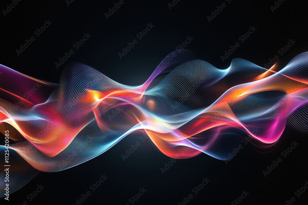 A 3D abstract digital design of glowing lines and luminous shapes, floating against a pitch-black void, creating a high-tech wallpaper.