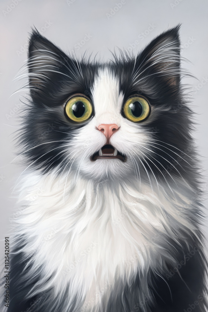 A funny and surprised Norwegian Forest cat isolated on a soft grey background, eyes wide open and fur fluffed out in a comical way. A funny and surprised Norwegian Forest cat isolated on a soft grey background, eyes wide open and fur fluffed out in a comical way.