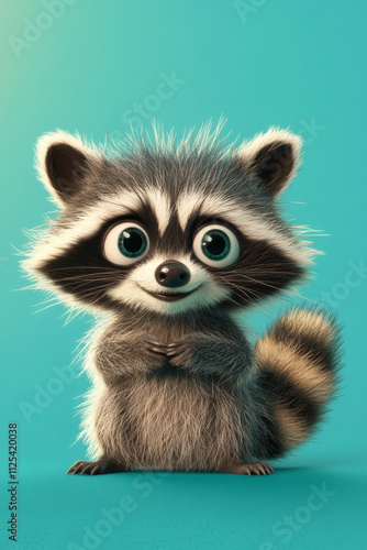 A playful and excited raccoon isolated on a turquoise background, with wide eyes and its tail held high in surprise. photo