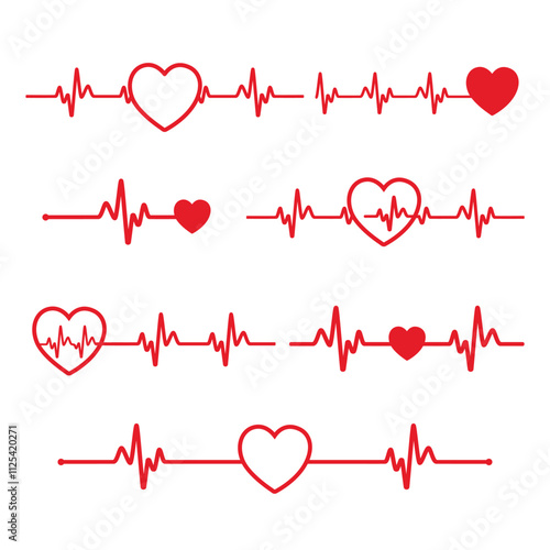 Heart beat icon set. Heart shape with pulse line. Vector illustration