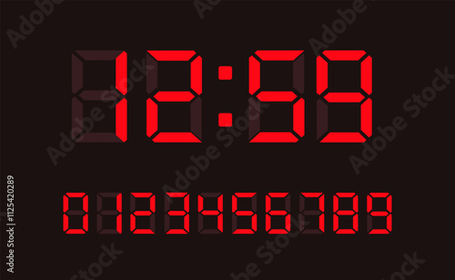 Red digital led numbers. Electronic or digital clock counter with led figures. Vector EPS 10