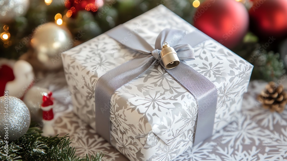 beautifully wrapped Christmas gift with a silver bow and bell beautifully wrapped Christmas gift with a silver bow and bell