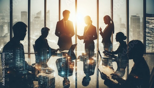 Silhouette of business people work together in office. Concept of teamwork and partnership. double exposure with light effects