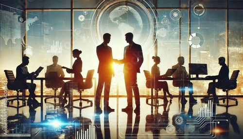 Silhouette of business people work together in office. Concept of teamwork and partnership. double exposure with light effects