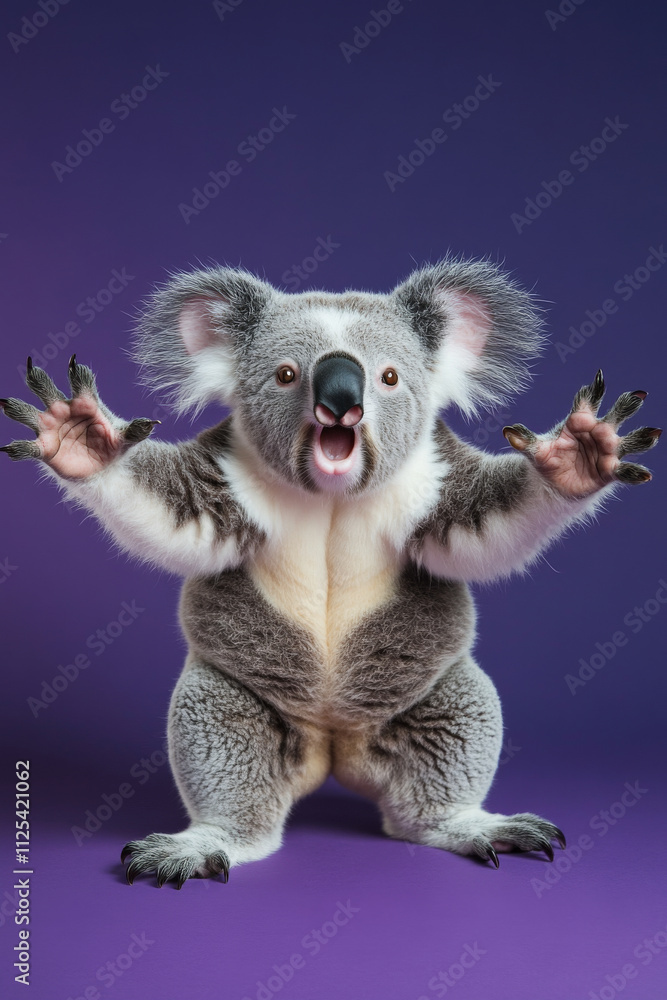 Obraz premium Angry and surprised koala isolated on a purple background, eyes wide and arms raised in surprise.