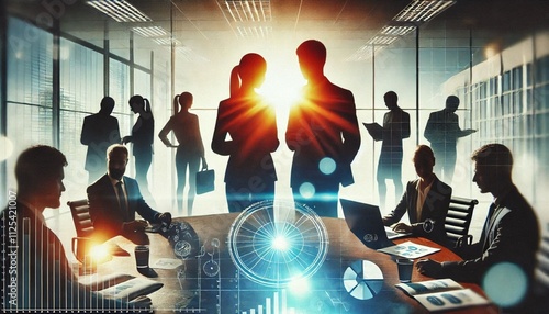 Silhouette of business people work together in office. Concept of teamwork and partnership. double exposure with light effects
