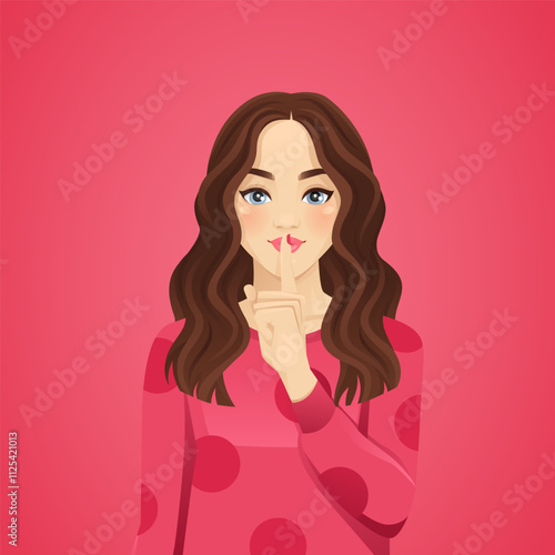 Shhh... Young beautiful woman with curly hair keeps fingers on lips, demonstrates silence sign, has a secret. Isolated vector illustration on pink red background