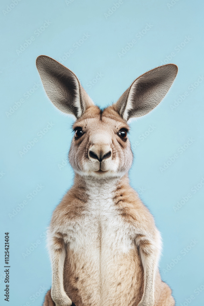 A funny and excited kangaroo isolated on a blue background, with its ears perked and eyes wide open. A funny and excited kangaroo isolated on a blue background, with its ears perked and eyes wide open.