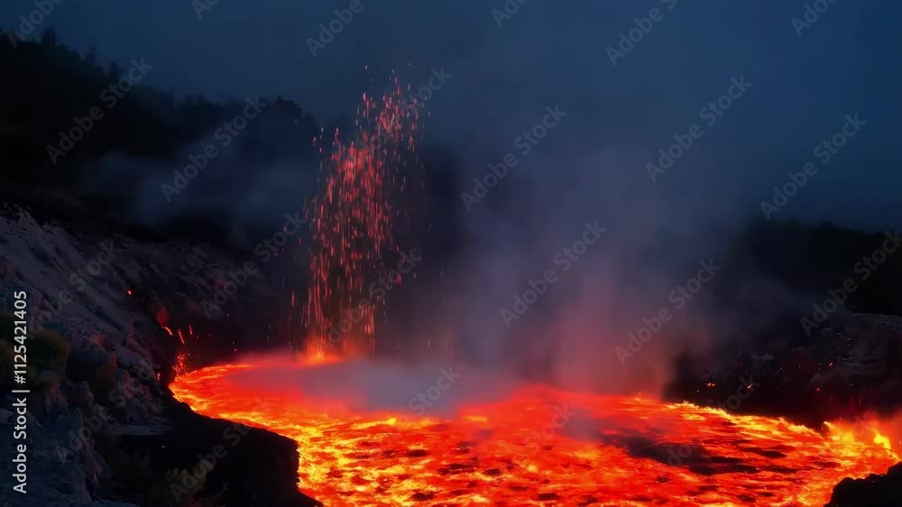 A fiery volcanic eruption in vivid red and orange hues against a dark sky, showcasing natures raw power and beauty A fiery volcanic eruption in vivid red and orange hues against a dark sky, showcasing natures raw power and beauty