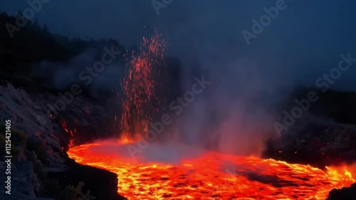 Wallpaper Mural A fiery volcanic eruption in vivid red and orange hues against a dark sky, showcasing natures raw power and beauty Torontodigital.ca
