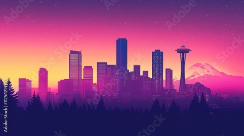 City skyline at sunset, mountains, and trees.