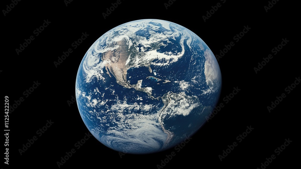 Detailed view of planet Earth, showcasing continents, oceans, and cloud formations against a black background. Detailed view of planet Earth, showcasing continents, oceans, and cloud formations against a black background.