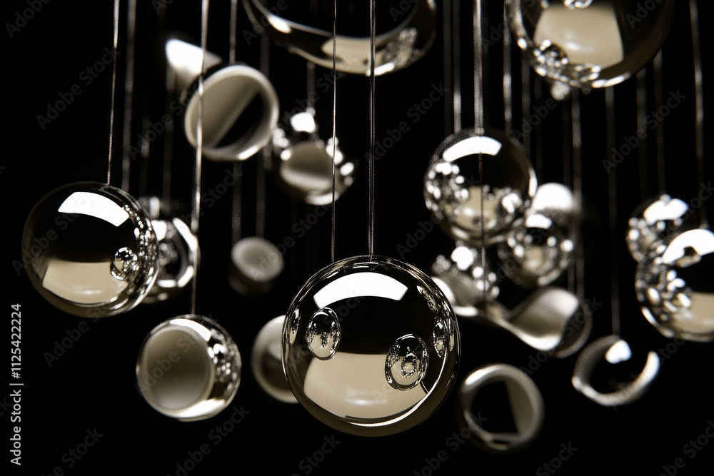 A 3D composition of shiny chrome spheres and abstract shapes suspended in the air with soft lighting, all set against a deep black background. A 3D composition of shiny chrome spheres and abstract shapes suspended in the air with soft lighting, all set against a deep black background.