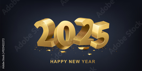 Happy New Year 2025. Golden 3D numbers with confetti on a dark blue background. Holiday greeting card design.
