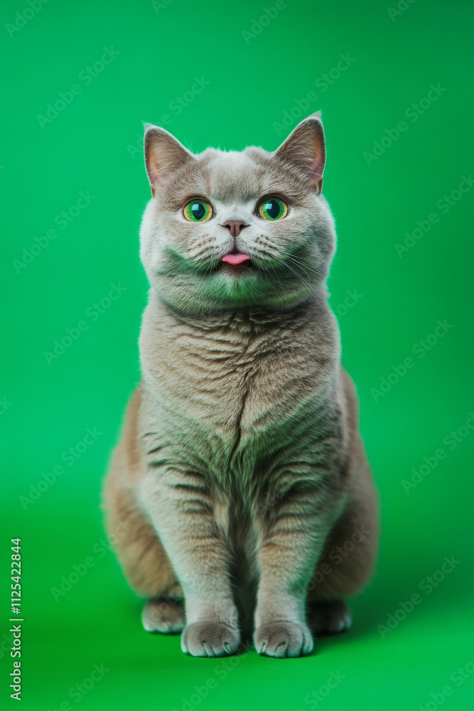Fototapeta premium Angry and surprised British Shorthair cat isolated on a green background, with its fur standing up and its mouth slightly open in a funny way.