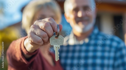 Senior couple holding house keys, smiling, new home.