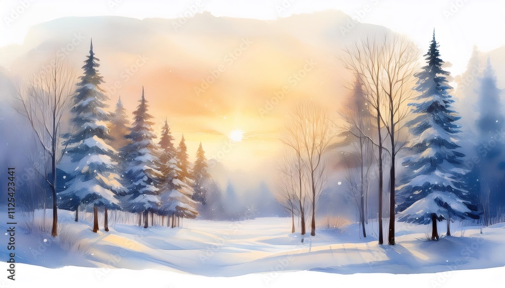 Winter landscape painting showing a beautiful sunrise illuminating a snowy forest of pine trees Winter landscape painting showing a beautiful sunrise illuminating a snowy forest of pine trees