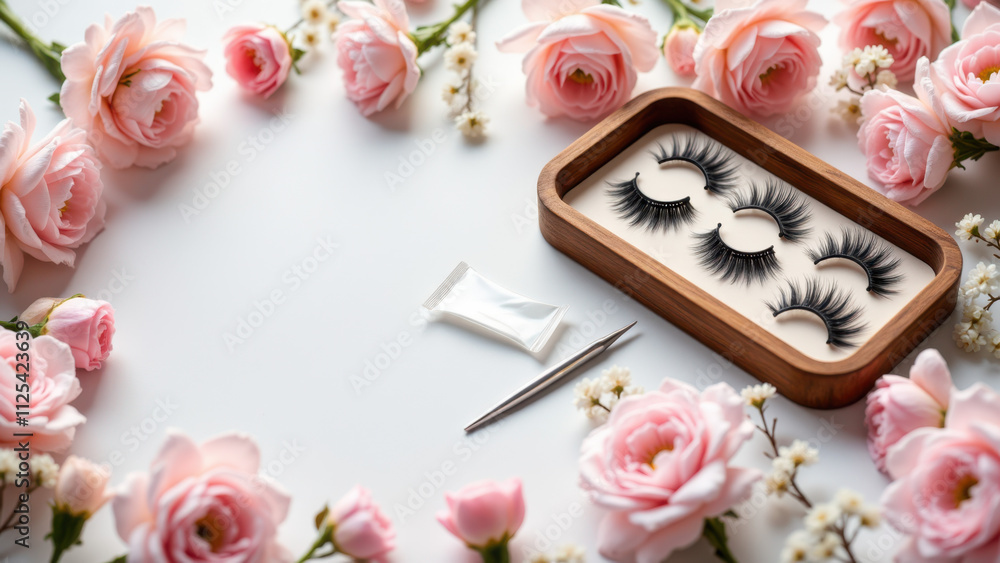 Lash clusters displayed in a wooden tray set amidst pink roses on a white surface, suggesting beauty or bridal theme. Lash clusters displayed in a wooden tray set amidst pink roses on a white surface, suggesting beauty or bridal theme.
