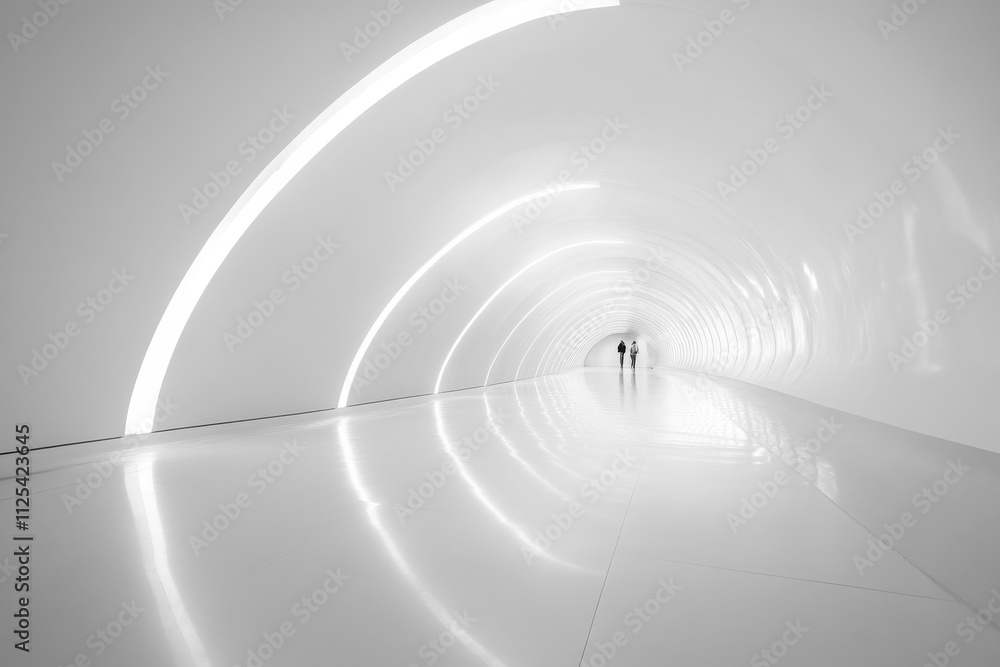 A glowing futuristic tunnel with bright white neon lights, creating a clean and sharp visual, with light reflecting off the floor. A glowing futuristic tunnel with bright white neon lights, creating a clean and sharp visual, with light reflecting off the floor.