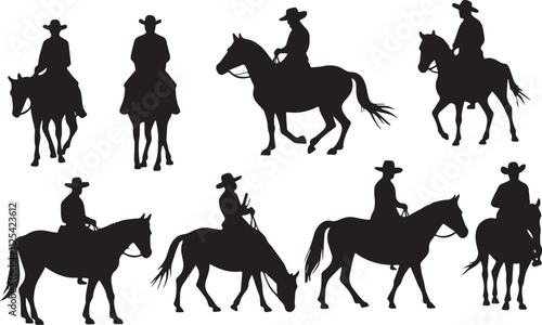 Cowboy riding horse black silhouettes set  horse running silhouettes , Cowboys ride horses, Riders on horseback 