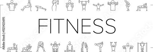 fitness exercise arm body workout icons set vector. sport training, woman healthy, person gym, yoga people, active young, lifestyle fit fitness exercise arm body workout black contour illustrations