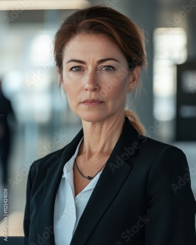 Confident businesswoman standing in modern office space during daytime meeting