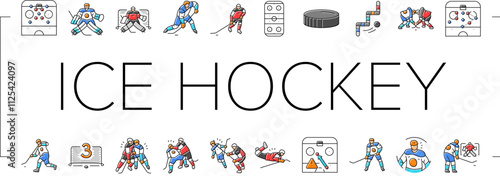 ice hockey puck stick sport icons set vector. rink arena, stadium player, skate goal, sign athlete, badge light, winter, game ice hockey puck stick sport color line illustrations