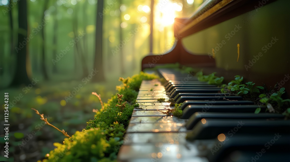 Obraz premium Close up shot of piano in the jungle fantasy musical instrument art classical retro sound key in nature rainforest, vintage musician or pianist magical play gift in evening sunset. Generative AI