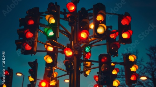 A complex array of colorful traffic lights shines against a dark sky. The image captures the vibrant chaos, order, and complexity found in urban life and night scenes.
