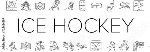 ice hockey puck stick sport icons set vector. rink arena, stadium player, skate goal, sign athlete, badge light, winter, game ice hockey puck stick sport black contour illustrations