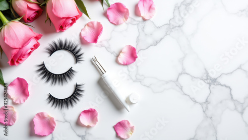 A close-up beauty product photograph showcasing a pair of false eyelashes with rose petals scattered around for aesthetic effect. photo