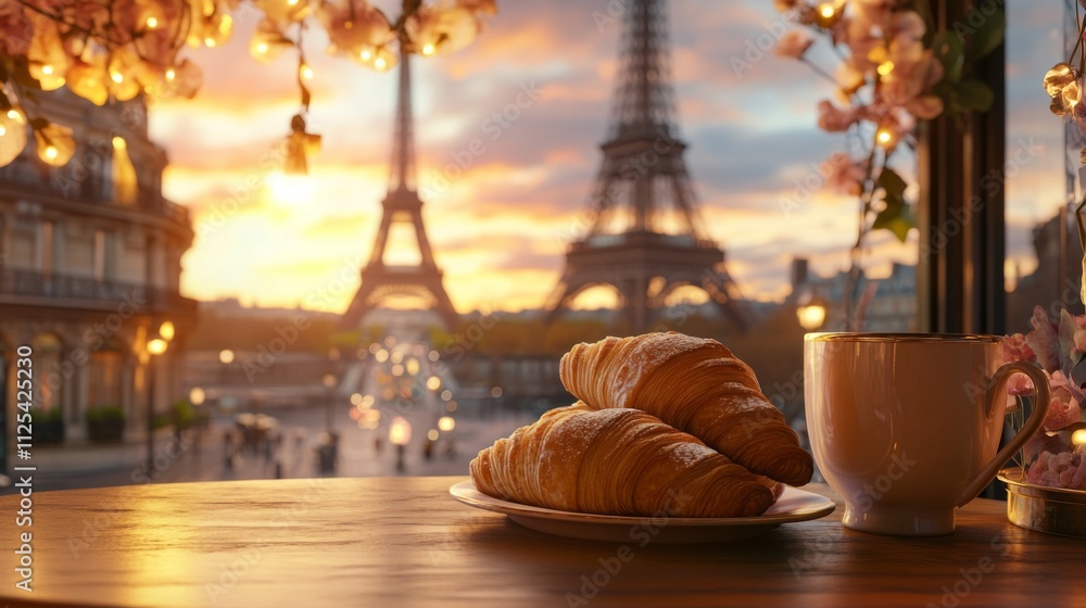 Obraz premium Two perfectly golden croissants lie on a wooden table, framed against the radiant glow of the Eiffel Tower at sunset, casting a warm, inviting ambiance.