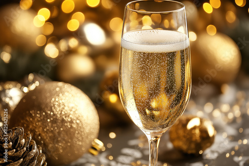 A close-up of a champagne glass filled with bubbly drink, surrounded by golden ornaments and soft bokeh lights photo