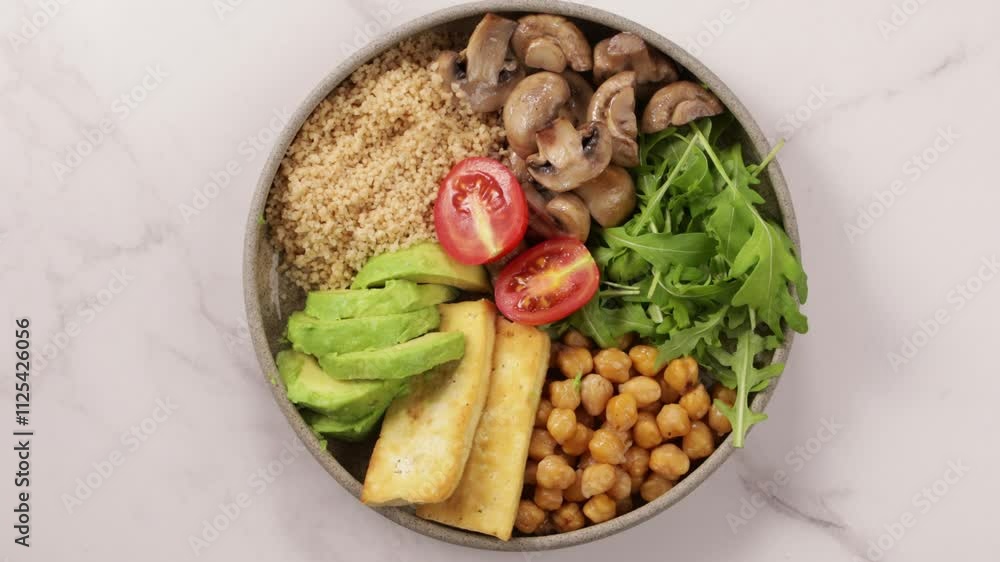 vegan tofu avocado mushrooms chickpeas healthy bowl food top view vegan tofu avocado mushrooms chickpeas healthy bowl food top view