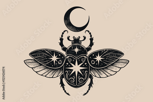 Elegant celestial scarab beetle in vintage black and white tattoo style