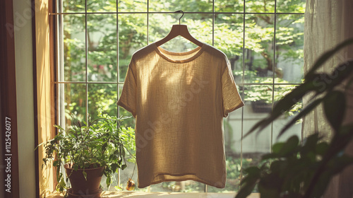 Sunlit Linen T Shirt Hanging by Window  Summer Fashion  Casual Style photo