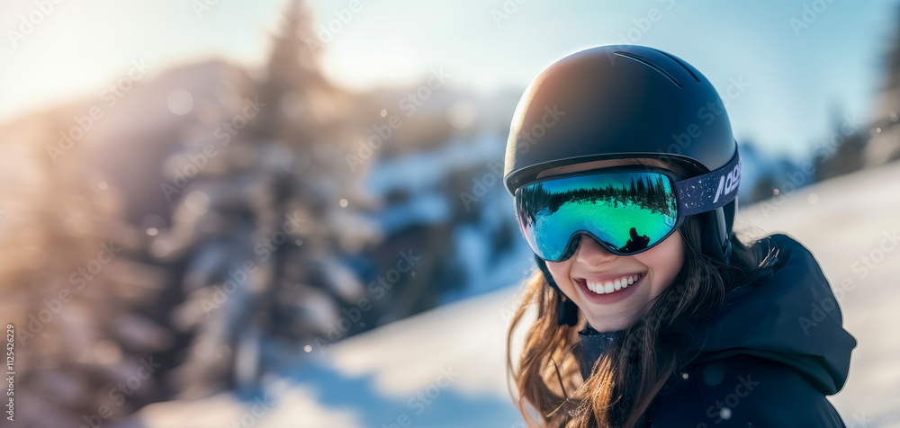 Young girl with dark hair and blue mirrored ski goggles on mountain in sunny day, close-up portrait of smiling, happy skier on snowy background with place for text Young girl with dark hair and blue mirrored ski goggles on mountain in sunny day, close-up portrait of smiling, happy skier on snowy background with place for text