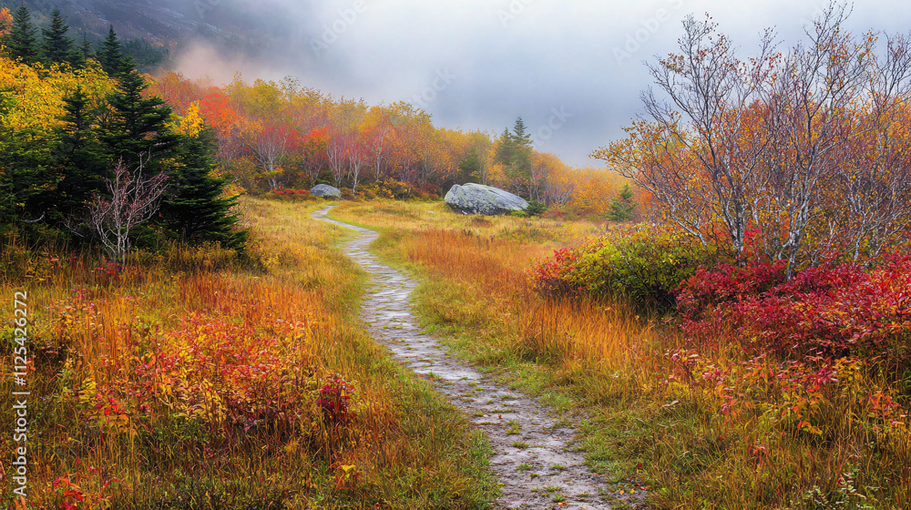 Naklejka premium Paths winding through foggy meadows with vibrant autumn colors emerging.