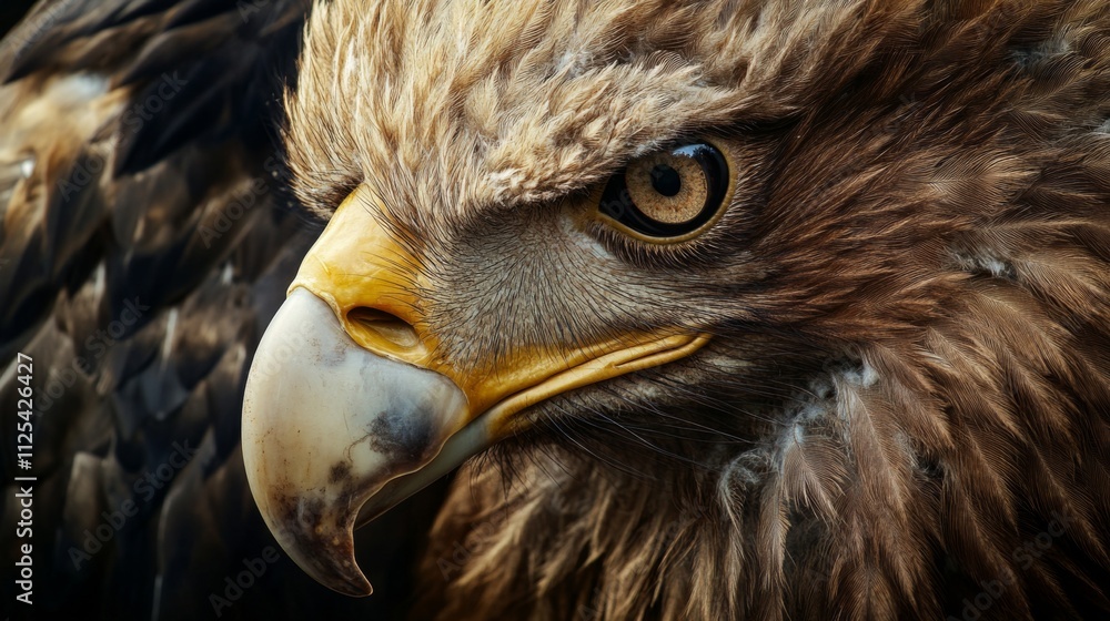 Fototapeta premium A dramatic close-up of an eagle's eye and face, sharply focused and richly detailed, portraying the nobility and predatory power of this impressive bird species.
