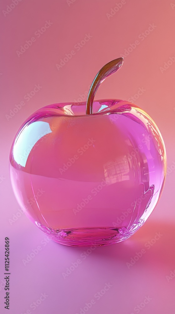 Obraz premium A pink transparent glass apple with a reflective surface is artistically placed against a warm gradient background for a modern still-life composition.