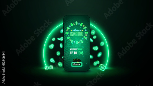 Casino mobile glowing web banner with button, neon poker chips and playing cards. Casino concept in futuristic background with glowing green circle .Bright elements and icons. Gambling app. Vector