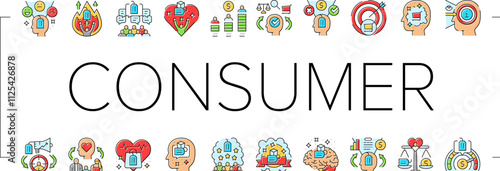consumer behavior icons set vector. customer social, digital analysis research, buyer marketing, decision media analytic consumer behavior color line illustrations