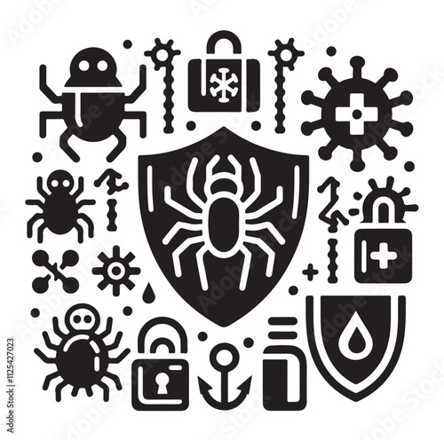 virus protection icon set silhouette vector illustration