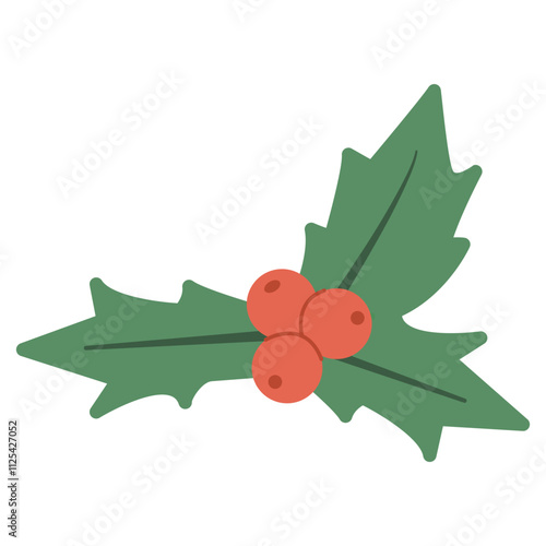 Christmas holly berries and green leaves.Green leaves and red berries.Christmas symbol.Isolated on white background.Vector illustration.