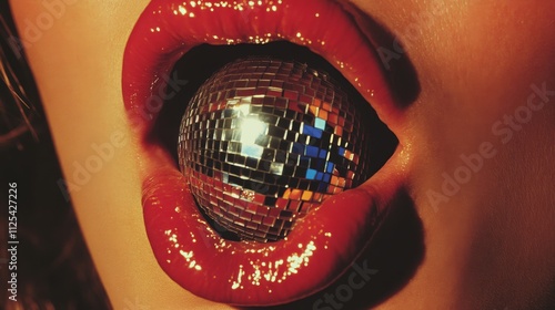 A striking image of gleaming lips gently holding a vibrant disco ball, capturing shimmering reflections in an artistic expression of allure and fantastical intrigue.