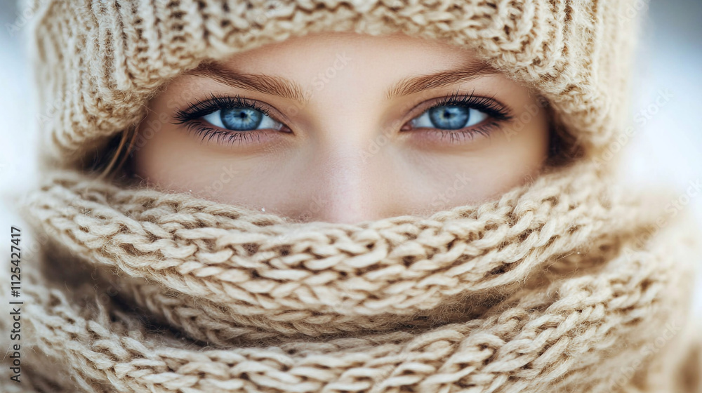 Woman s Face Partially Hidden by Knitted Hat and Scarf Winter Fashion Cold Weather Woman s Face Partially Hidden by Knitted Hat and Scarf Winter Fashion Cold Weather