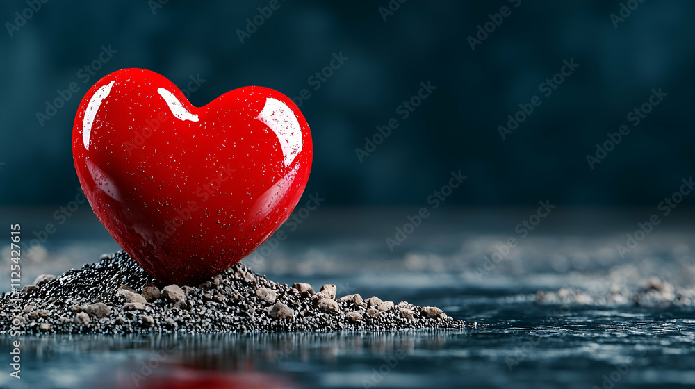 Fototapeta premium A shiny red heart sits atop a textured surface, symbolizing love and affection against a soft-focus background.
