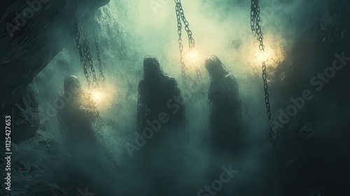 Mysterious figures shrouded in fog and chains holding glowing lights in a dark cave setting photo