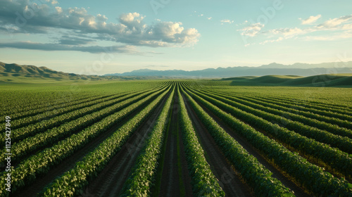 Fertile plains stretching into the distance, rows of crops swaying gently