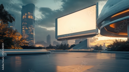 Urban landscape at sunset featuring modern architecture and an empty billboard in a futuristic city photo